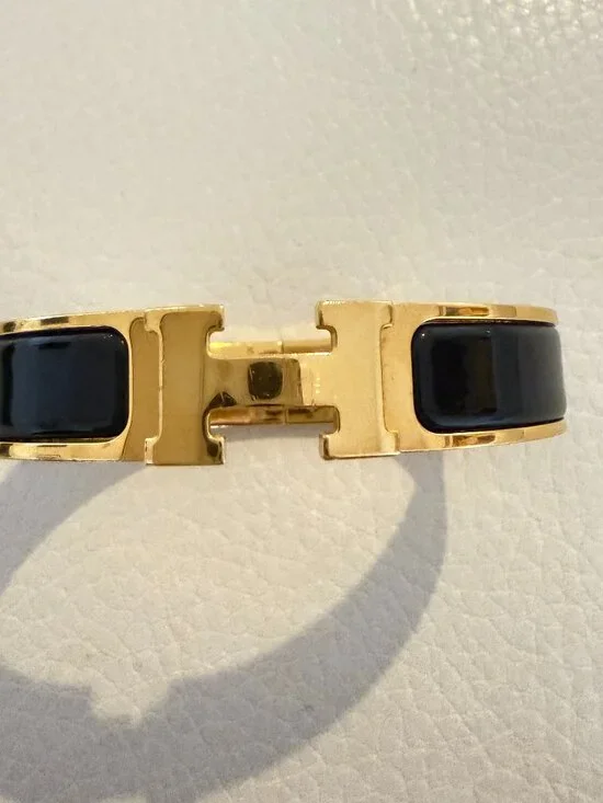 AUTHENTIC HERMES CLIC H BRACELET GOLD PLATED BLACK ENAMEL NARROW BANGLE PM - Picture 2 of 9